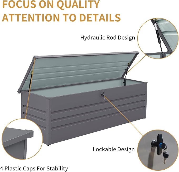 GOWE 260 Gallon Metal Outdoor Deck Box Waterproof, Extra Large Patio Storage Box with Lockable Storage Containers for Patio Furniture Cushions, Pool Accessories, Garden Tools Light Gray