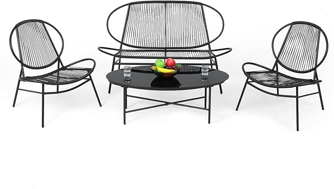MoNiBloom 4 Pieces Outdoor Patio Furniture, All Weather PE Rattan Wicker Loveseat and Chairs Conversation Set with Steel Coffee Table for Garden Backyard Porch Balcony Poolside Deck Lawn
