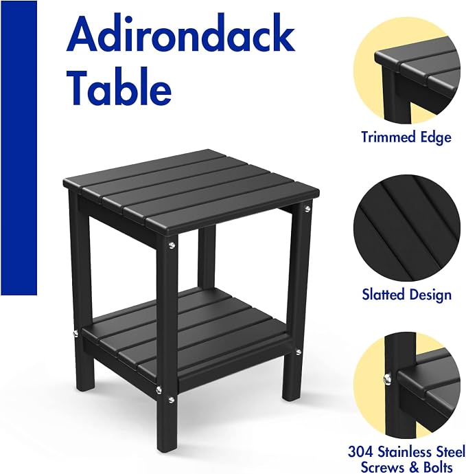 BRIOPAWS Outdoor-Side-Tables | Set of 4 | Small | HDPE Plastic | Patio End-Table | 2-Shelf Adirondack Outside Tables | All Weather | for Poolside Front Porch Indoor Living Room | 14" x 13" | Black