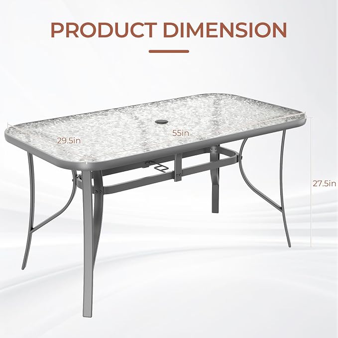 TLSUNNY Patio Outdoor Table W/ 1.69″ Umbrella Hole, 30"X 55" Rectangular Tempered Glass Patio Dining Table for 6, Outdoor Metal Furniture, All-Weather Use, for Patio, Graden, Backyard (Grey)