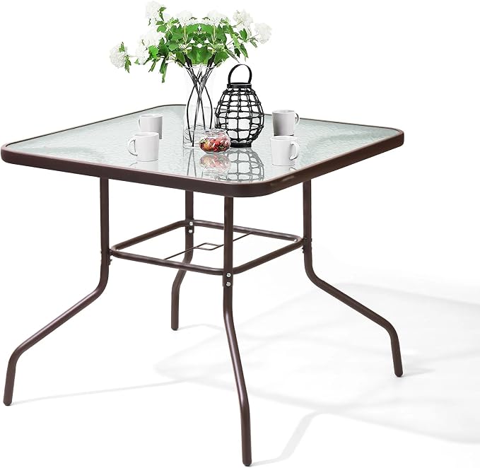 Outdoor Patio Table with Umbrella Hole, 32 Inches Tempered Glass Top Square Patio Table,Conversation Coffee Table Metal Steel Frame All-Weather Furniture for Balcony, Backyard and Poolside