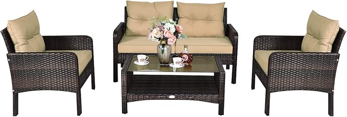 COSTWAY 4-Piece Patio Furniture Set, Sectional Wicker Rattan Sofa Chair with Cushion, Loveseat, Coffee Table with Tempered Glass and Shelf, Outdoor Conversation Sets for Poolside Porch (Brown)