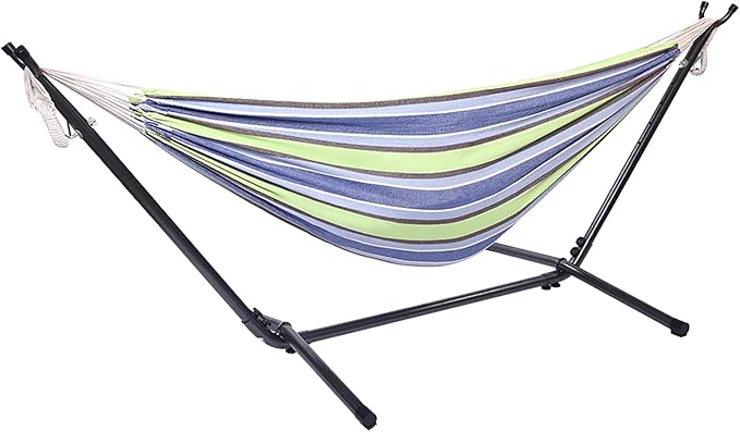 Hammock with Stand for Outside, Camping Hammock with Carry Bag, 250 Lbs Capacity, Polyester Fabric & Metal Frame, 102.3" x 41.33" x 39.37", Suitable for Patios, Gardens and Beaches, Green Stripes