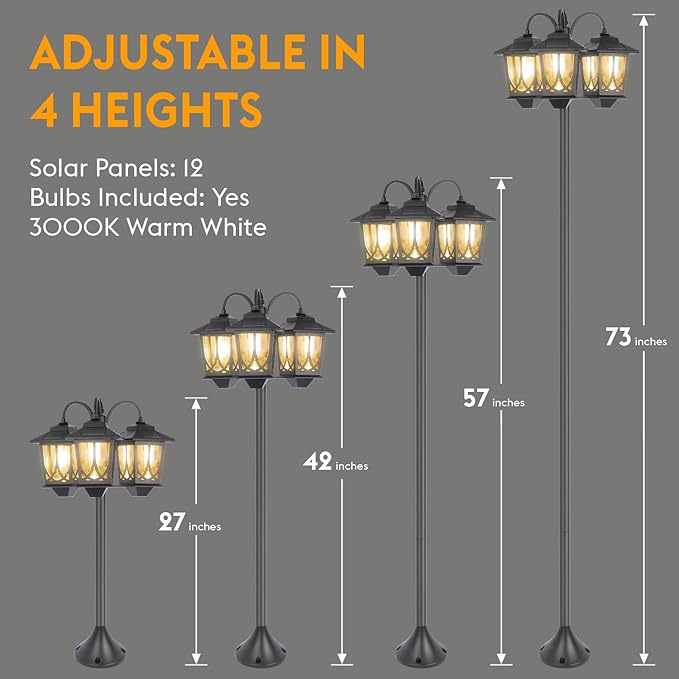 3-Head Solar Lamp Post Light, 73" Solar Lights Outdoor Waterproof, 60Lm 3000K Pathway Lights for Garden, Lawn, Yard