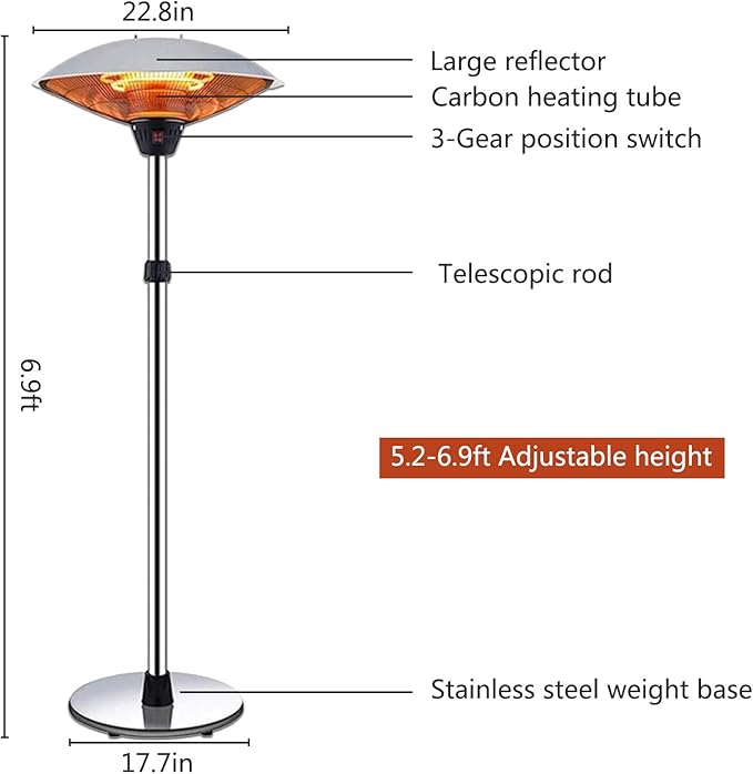 Patio Heaters for Outdoor - Stainless Steel Outdoor Heater 3 Levels Adjustable Power Waterproof, Dump Power Off Outdoor Heaters for Patio
