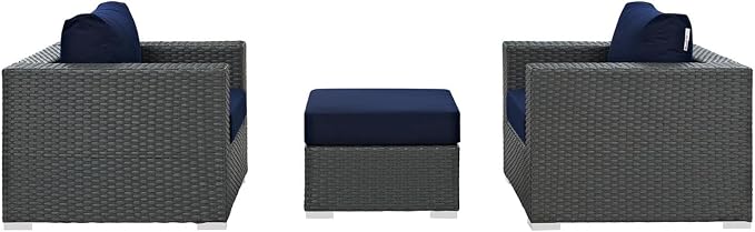Modway Sojourn Wicker Rattan 3 Piece Outdoor Patio Sunbrella Sectional Set in Canvas Navy
