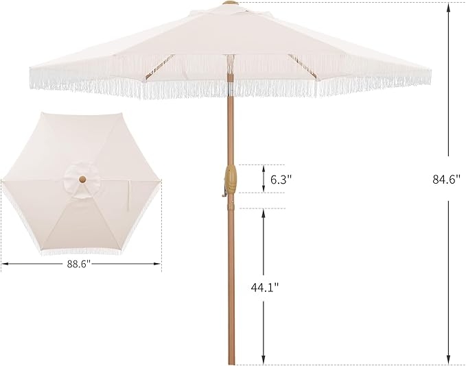 7.5ft Fringe Umbrella,Outdoor Market Umbrella with Push Button Tilt and Crack for Garden, Pool, Deck, Bistro, Beige