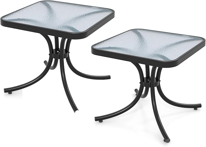 Tangkula Outdoor Side Table, 20 Inches Square End Table with Tempered Glass Top, Metal Frame, Small Patio Table for Garden, Backyard, Balcony, Poolside, Porch (2)