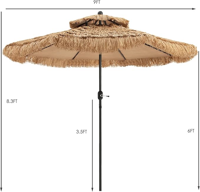 Tangkula 9 ft Thatched Patio Umbrella, 2 Tier Hawaiian Style PE Grass Beach Umbrella with 8 Ribs, Tilt Adjustment, Manual Crank, Tiki Umbrella for Backyard, Poolside, Deck