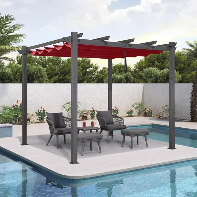 PURPLE LEAF 10' X 10' Outdoor Retractable Pergola with Sun Shade Canopy Patio Metal Shelter for Garden Porch Beach Pavilion Grill Gazebo Modern Yard Grape Trellis Pergola, Terra