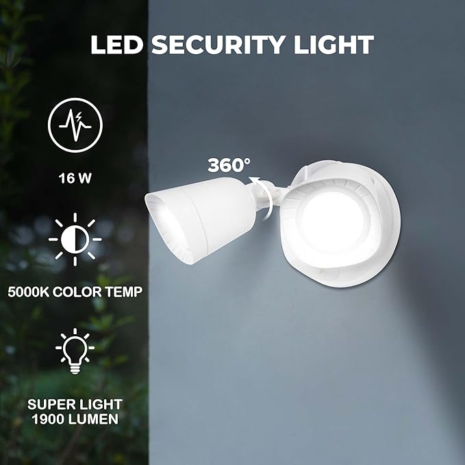 2 Pack LED Flood Lights Outdoor, 16W 1900LM 5000K Daylight, IP65 Waterproof Security Lights with 2 Adjustable Heads, Exterior Wall Light for Patio, Garage, Yard(White-2P)