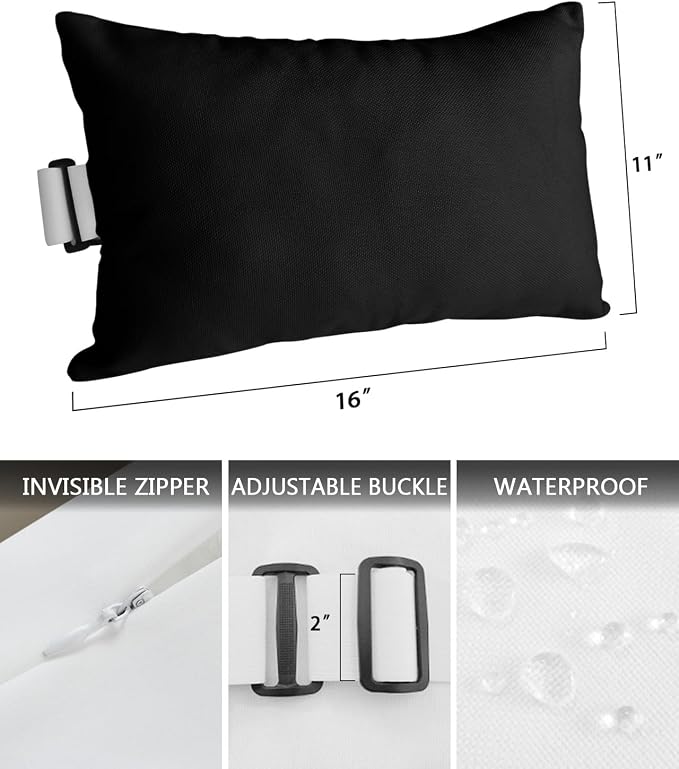Outdoor Pillows Covers with Inserts Pure Black Solid Color Waterproof Recliner Pillow with Adjustable Strap Throw Pillows for Patio Furniture Pool Lounge Chair, 11x16 inch, 1PCS