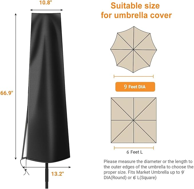 Dafire Patio Umbrella Cover for 7FT to 9FT Patio Umbrellas,1.7m Parasol Covers (Black 420D),Oxford Fabric Waterproof Market Umbrella Cover with Zip,Parasol Covers for Outdoor Umbrellas with Rod