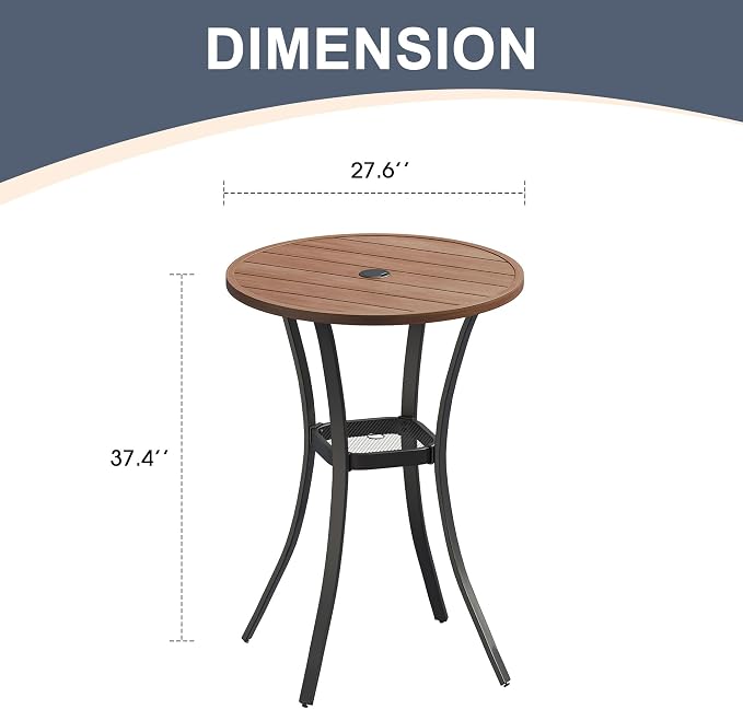 VICLLAX Patio Bar Height Table, Round Outdoor Bar Table with Umbrella Hole, 27.6" Walnut