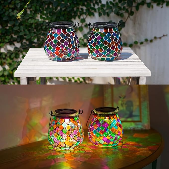 Stargarden 4 Pack Mosaic Solar Lanterns Outdoor Waterproof, Colorful Glass Hanging Lantern Decorative Solar Lights for Yard, Patio, Lawn, Gaden Decor
