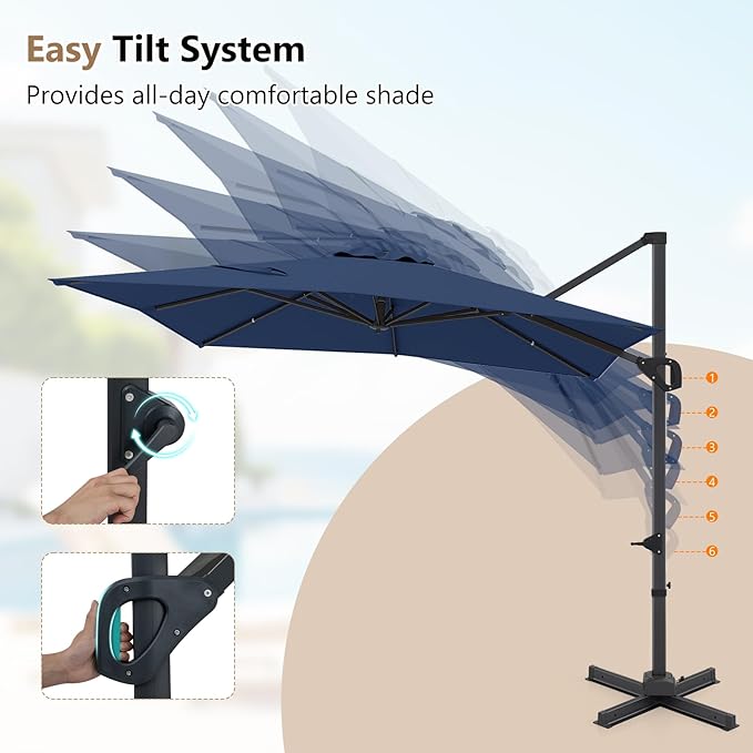 Tangkula 11 x 9 FT Patio Umbrella, Large Offset Cantilever Outdoor Umbrella with Aluminum Pole, 360 Degree Rotation, Tilt Adjustment, 8 Sturdy Ribs, Air Vent & Cross Base for Backyard Pool Garden Deck (Navy, 11x9 FT)