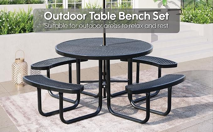 46 Inch Round Outdoor Metal Picnic Table, All-Weather Patio Dining Set for 6-8 Adults, Heavy Duty Steel with Central Umbrella Hole, Perfect for Garden, Backyard, Deck & Small Spaces - Easy Assembly