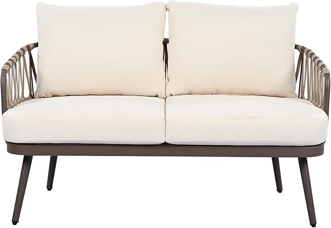 Christopher Knight Home Lena Patio Conversation Set, Two Club Chairs, Rope Woven Loveseat, Metal Frame Armchair, Rectangular Coffee Table, Outdoor Side Table and Chair Set for Backyard, Brown+Beige