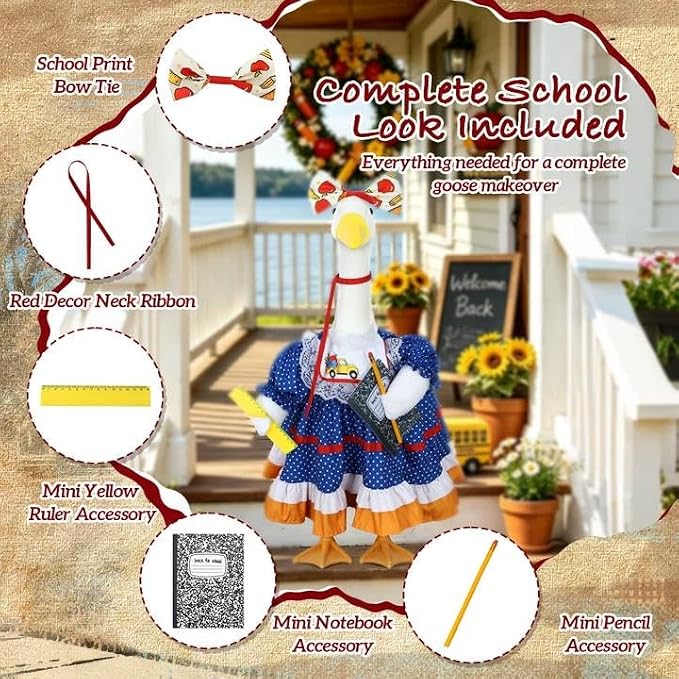 Back to School Porch Goose Outfit for 23" Plastic/Cement Porch Goose Statue | School-inspired Retro Polka Dot Dress with Pencil, Notebook, Ruler, Ideal for School Outdoor Garden, Yard, Patio, Porch Decor