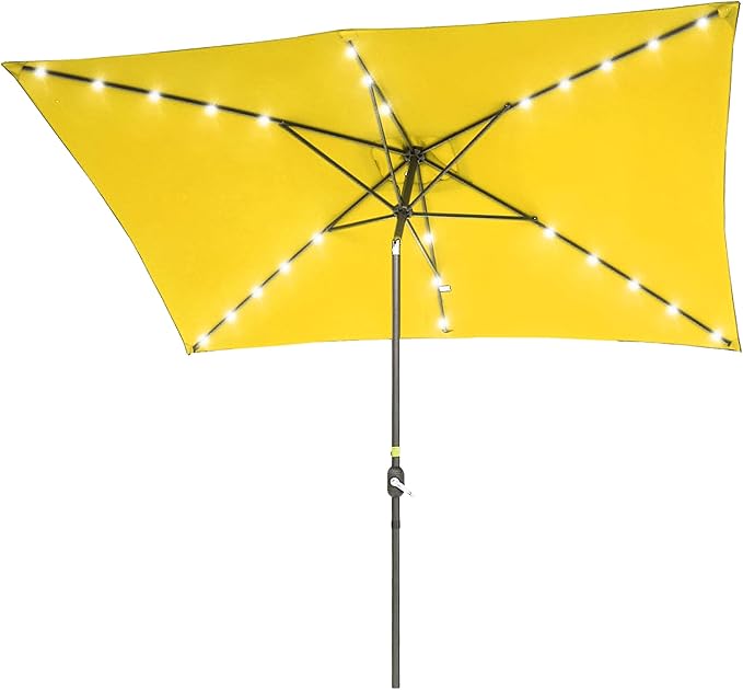 Rectangle Patio Umbrella with Solar Lights, 10 x 6.5ft Rectangular Outdoor Umbrella Table Market Patio Umbrella with Push Button Tilt and Crank for Garden, Deck, Backyard, Pool