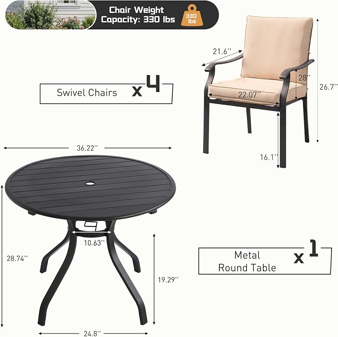 5 Piece Outdoor Patio Dining Set, 36’’ Round Dining Table with Umbrella Hole & 4pcs Metal Dining Chairs, Outdoor Furniture Dining Set for Patio, Balcony, Lawn, Garden, Backyard