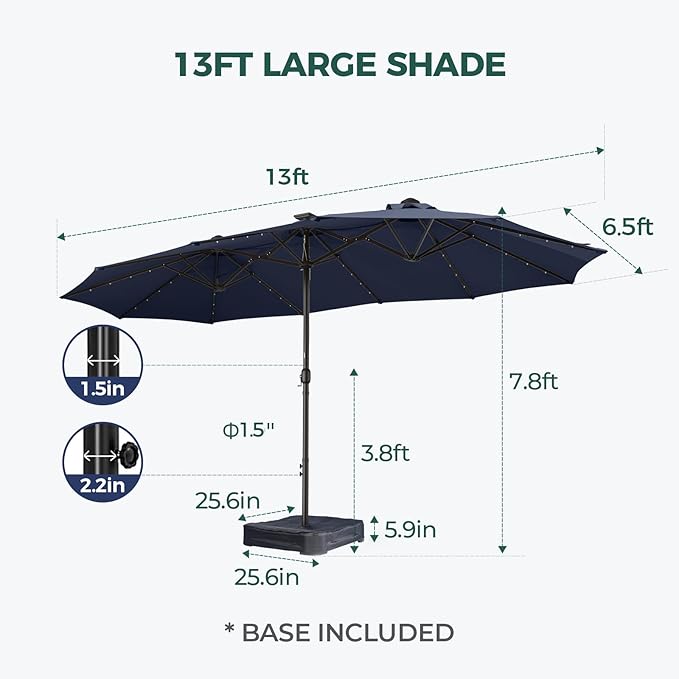 HOMSHADE Double Sided Patio Umbrellas - 13ft Solar Lights LED Lighted Outdoor Extra Large Market Table Umbrella with Base Included, Oversized Umbrella for Deck, Pool, Backyard