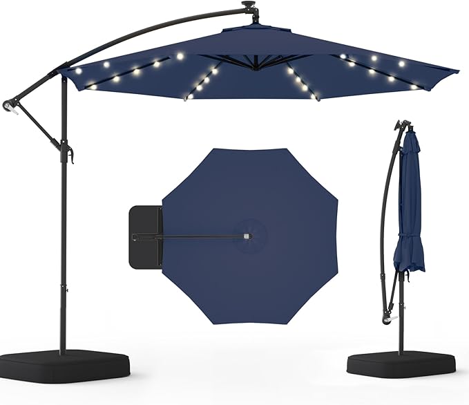 EROMMY 10FT 40-LED Solar Lighted Patio Umbrella with Base Included, Outdoor Offset Cantilever Umbrella, Infinite Tilt, Crank and Cross Base, UV Protection for Backyard, Lawn, Garden & Pool