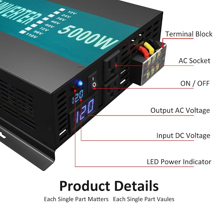 WZRELB RBP-500012S Pure Sine Wave 5000W (10000W Surge) 12V Power Inverter DC to AC Power - Solar, RV, Black