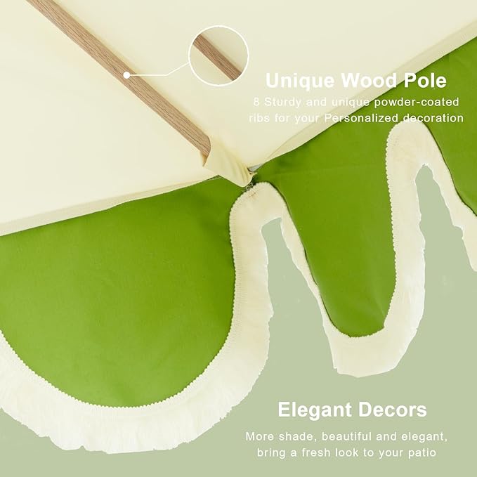 Tempera 9ft Scalloped Patio Umbrellas with Fringe, Market Umbrellas with Water-Resistant and Fade Resistant Canopy, 1.5" Wood Pole & Button Tilt,Green Beige Spliced