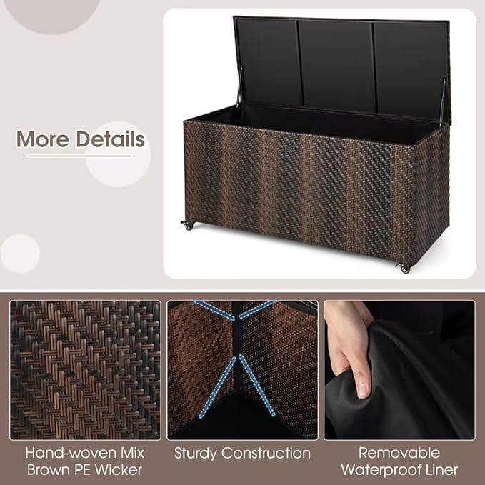 96 Gallon Outdoor Wicker Storage Box, Waterproof Deck Box with Wheels & Gas Strut, Weather Resistant Patio Container for Cushions, Tools, Garden