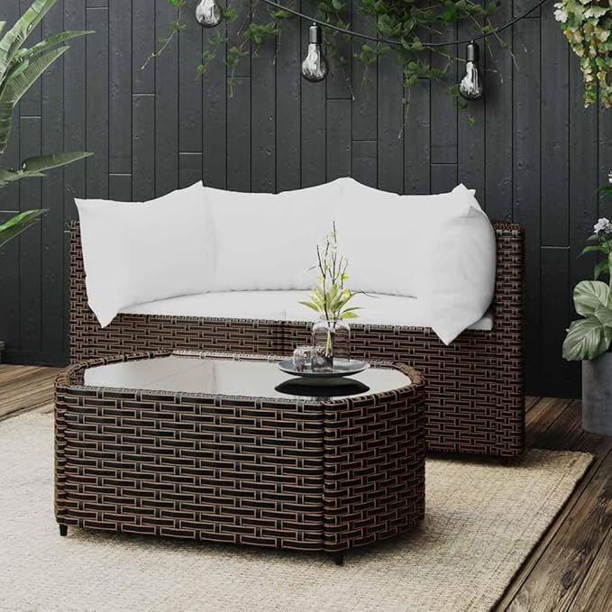 3 Piece Outdoor Sofa Set Brown Cream White 24.8 x 12.1 x 22.6 in Steel Frame PE Rattan Patio Sectional Furniture Modular Couch for Garden Balcony Backyard Chilling & Dining