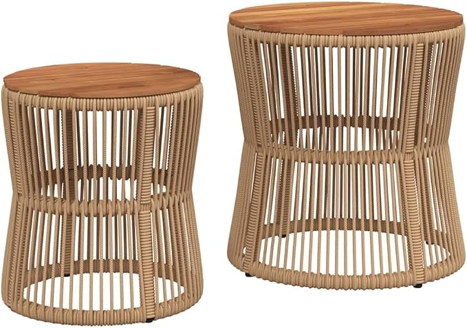 Patio Side Tables 2 Pcs with Wooden Top Beige Poly Rattan, Acacia Wood Outdoor End Tables Set, Powder-Coated Steel Frame for Garden Backyard Patio