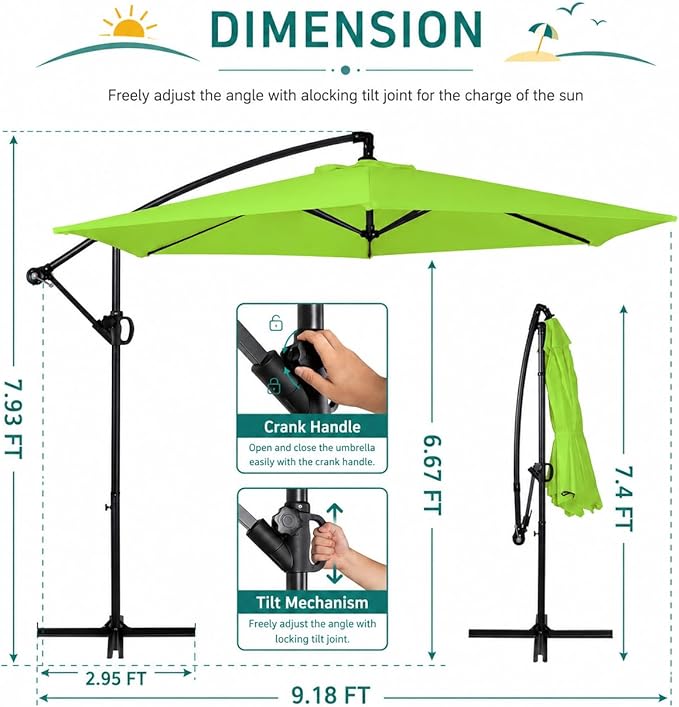 JAMFLY Large 9FT Offset Patio Umbrella with Cantilever Crank & Infinite Tilt, Heavy Duty Outdoor Hanging Umbrella with Cross Base for Backyard, Deck, Poolside