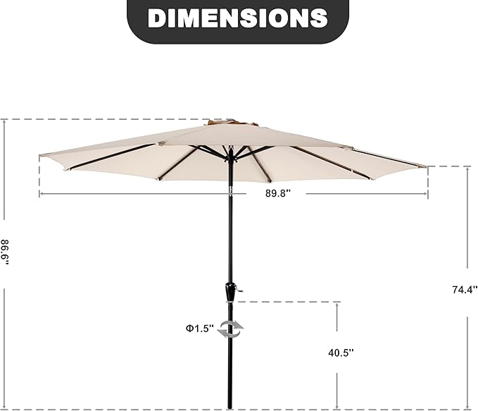 NUU GARDEN 7.5 FT Round Patio Umbrella, Outdoor Table Umbrella with Vent, 8 Sturdy Iron Ribs and Aluminum Pole, Market Umbrella with Push Button Tilt and Crank for Backyard, Poolside, Yard, Beige