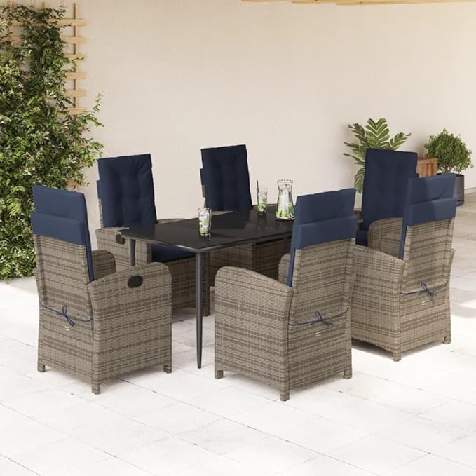 Backyard Furniture Patio Conversation Sets Outdoor Seating 7 Piece Patio Dining Set with Cushions Gray Poly Rattan Suitable for Gardens, Balconies, Decks