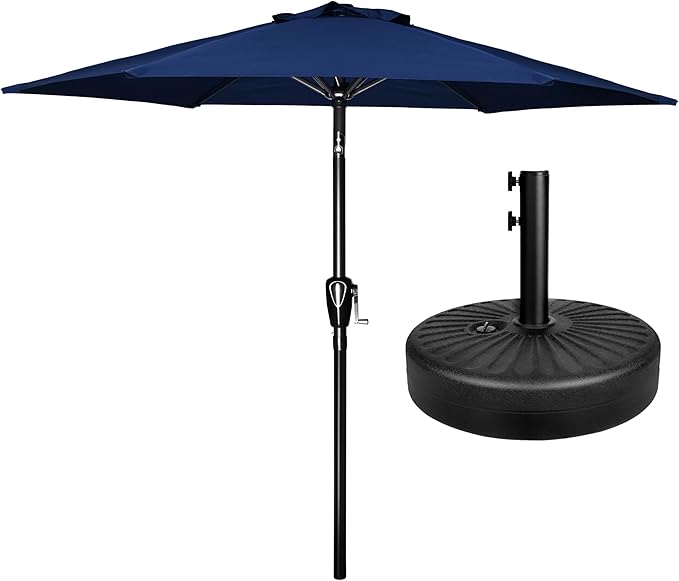 Simple Deluxe 7.5ft Patio Umbrella Outdoor Table Market Yard Umbrella with Round Umbrella Base Stand for Garden, Deck, Backyard, Pool, Dark Blue