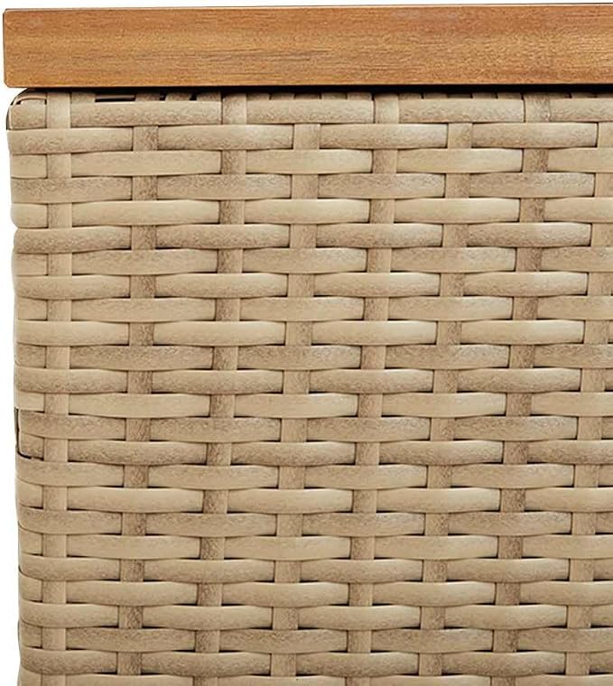 Outdoor Storage Box with Acacia Wood Lid, Patio Bench Seat for Garden, 43.3-inch Poly Rattan Deck Box with Waterproof Inner Bag, Beige