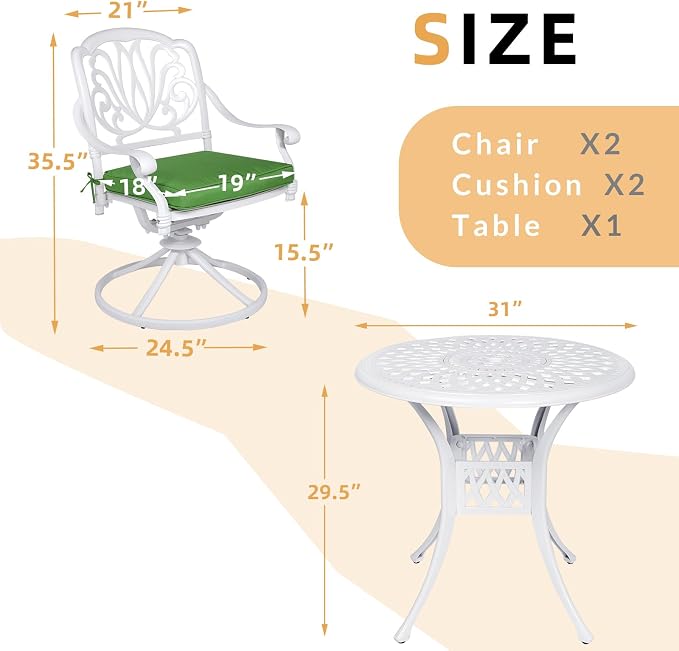3-Piece Outdoor Patio Dining Set, All-Weather Cast Aluminum Patio Furniture Set for Backyard Garden Deck with 2 Swivel Cushioned Chairs and 31” Round Table, 2" Umbrella Hole, White