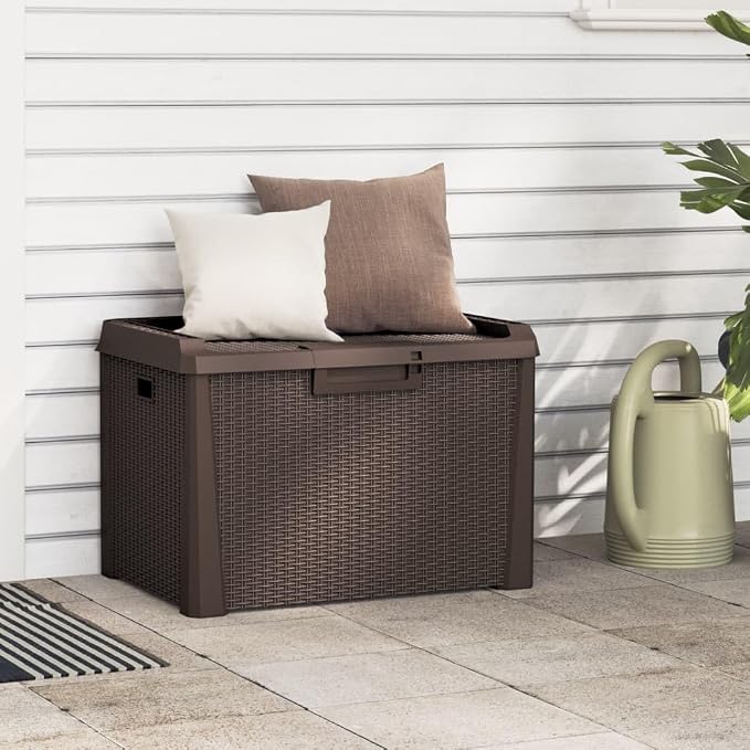 PP Rattan Look Outdoor Storage Box, 33 Gal Patio Cushion Storage Chest with Gas-Lift Design, Lockable Garden Container for Pillows Blankets Tools, Brown