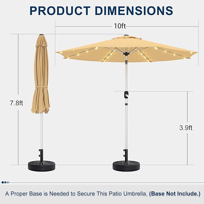 10FT 40-LED Solar Lighted Aluminum Patio Umbrella, Fade-Resistant Outdoor Market Table Umbrella with Push Button Tilt Function, 8 Sturdy All-Aluminum Ribs for Gardens, Decks, Backyards & Pools