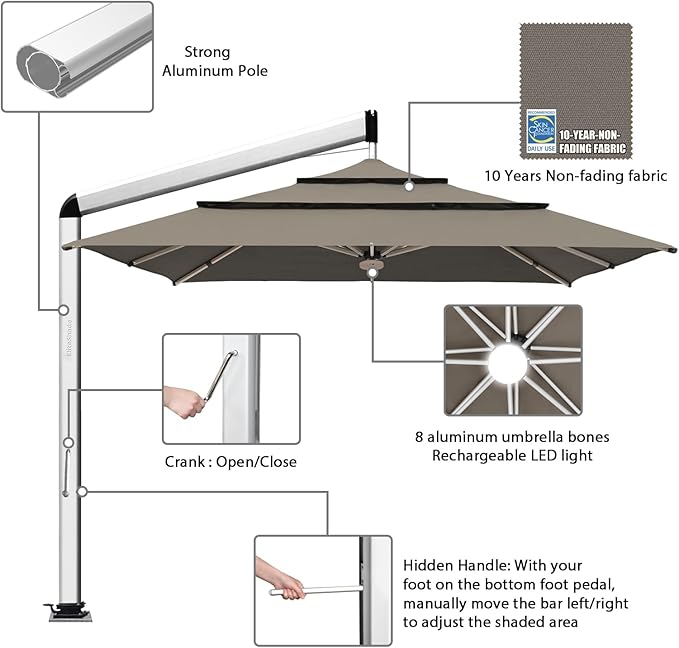 EliteShade USA Atlas 3-Tier 10x10FT Full Aluminum Cantilever Patio Umbrella for Outdoor Restaurant Garden Courtyard Deck Pool and Marketing with Light (No battery), Taupe