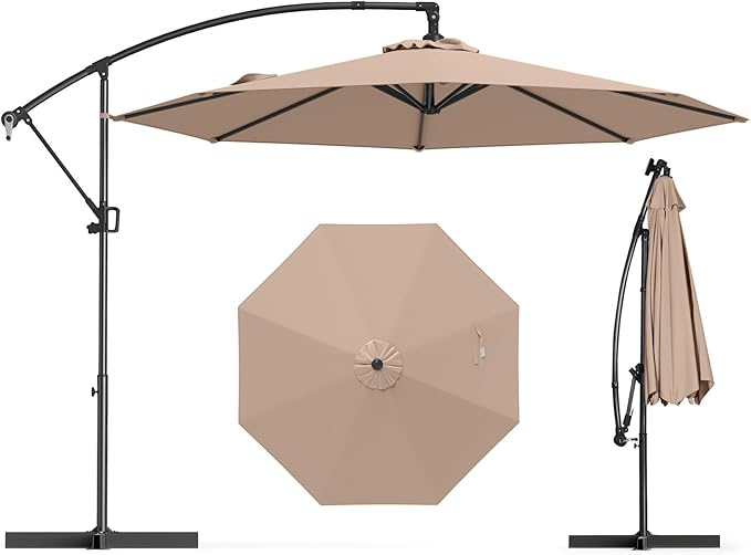 Tangkula 10 FT Patio Offset Umbrella, Hanging Cantilever Umbrella w/X-shaped Base & 360° Rotation, Smooth Crank Handle, Vented Top, Outdoor Market Umbrella for Backyard, Deck (Coffee)