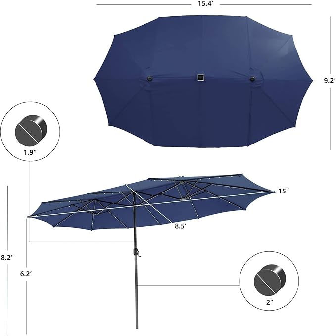 Tangkula 15 Ft Solar Patio Umbrella, Double-Sided Extra Large Outdoor Market Table Umbrella with 48 LED Lights, Crank Handle, 12 Sturdy Ribs for Poolside, Garden & Backyard (Navy)