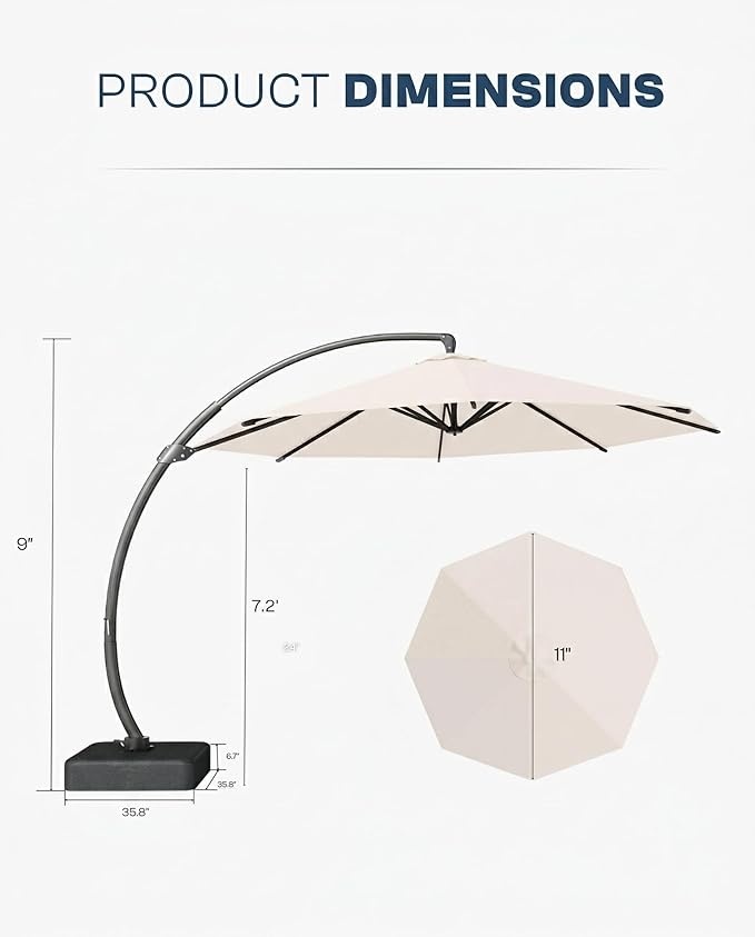 11 FT Cantilever Umbrella with Base Included, Large Round 360° Rotation Offset Umbrella Outdoor Patio, Heavy Duty Aluminum Frame, Sand-Weighted Stand, for Deck, Backyard, Pool, Garden (Cream White)