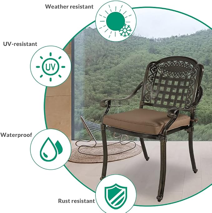 VIVIJASON 3-Piece Outdoor Patio Bistro Set, All-Weather Cast Aluminum Furniture Dining Sets Include 2 Cushioned Chairs and 35.4" Round Table w/Umbrella Hole for Balcony, Lawn, Garden, Backyard