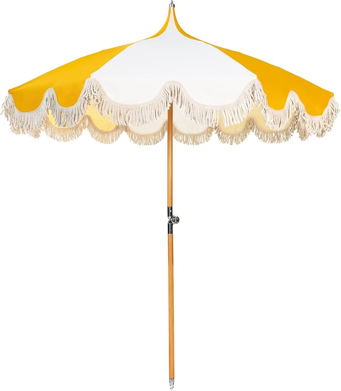 6.5ft Pagoda Beach Umbrella with Fringe, UPF 50+ Boho Umbrellas with Carry Bag, Premium Wood Pole Foldable Tassel Umbrella for Outdoor Garden Lawn Pool Yard Table