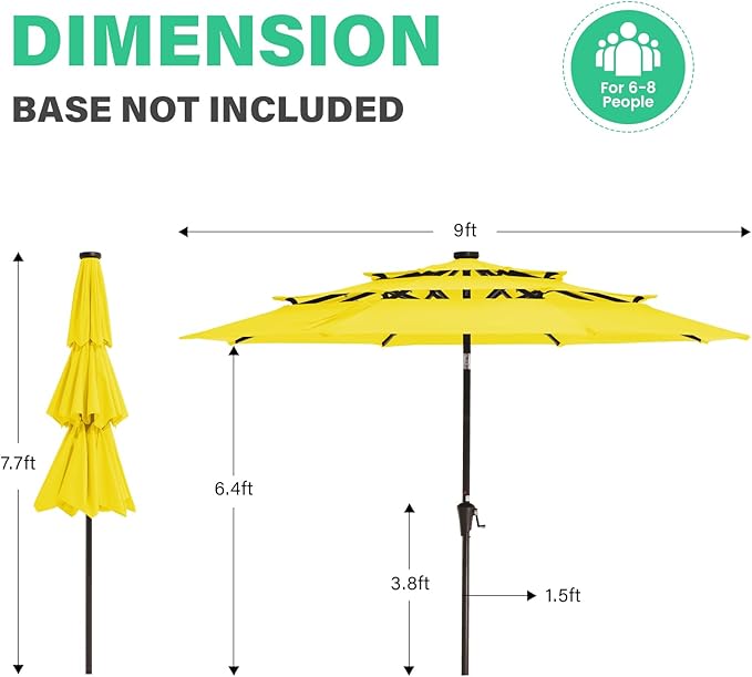 JEAREY 3 Tiers Patio Umbrella with Solar Lights 9ft Outdoor Market Table Umbrellas with Push Button Tilt for Outside Pool Garden, Yellow