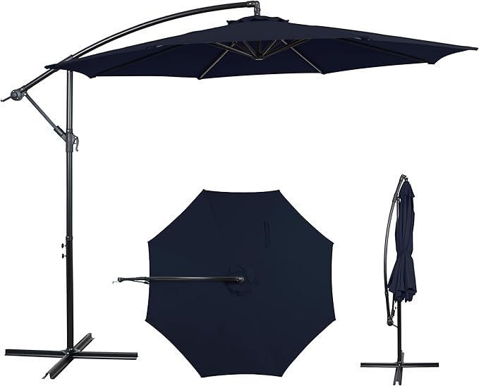 10FT Offset Patio Umbrella, Cantilever Hanging Umbrella with Infinite Tilt, Fade-Resistant Water-Repellent Canopy & Cross Base for Yard, Garden & Deck