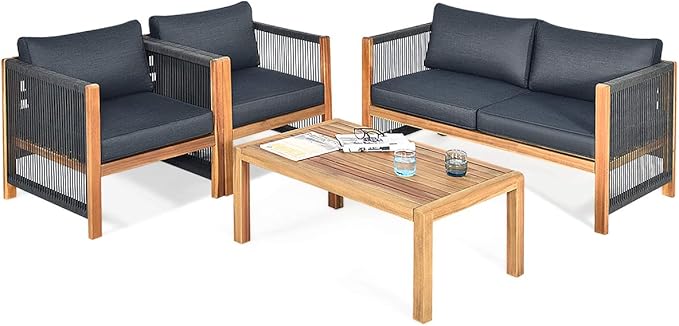 Tangkula Outdoor Wood Furniture Set, Acacia Frame Loveseat Sofa, 2 Single Chairs and Coffee Table, 4 Pieces Conversation Set with Cushions, Garden Balcony Poolside Living (1, Grey)