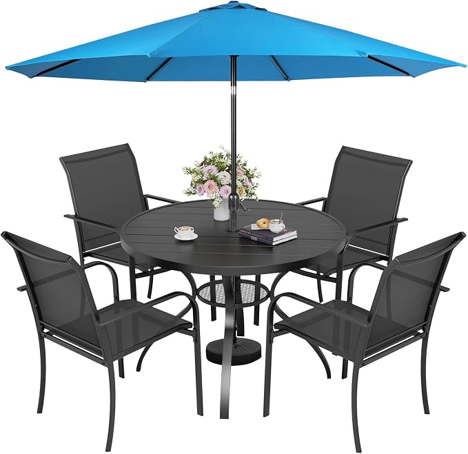 Incbruce 6 PCS Patio Dining Set with Sky Blue Umbrella, Outdoor Dining Set of 4 Textilene Chairs and 41" Round Table with Umbrella Hole for Backyard, Garden, and Poolside (Black)